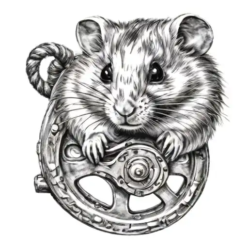 A hyper-realistic tattoo of a hamster on a wheel, with fur texture and lifelike eyes tattoo design idea