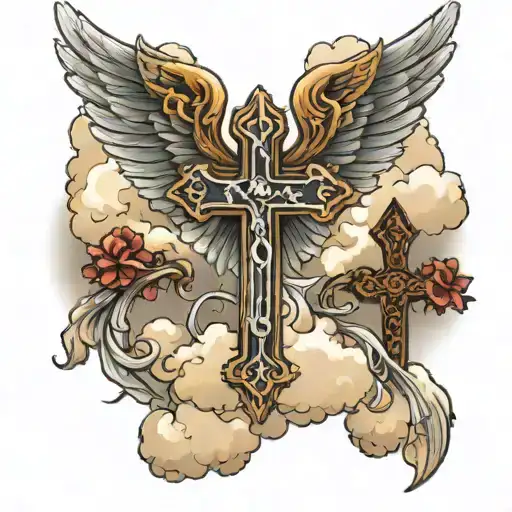 Christian Cross angels wings clouds  tattoo design idea