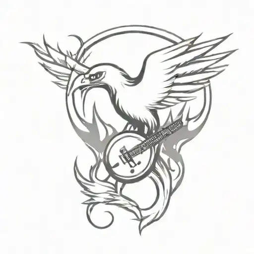 A black-grey tattoo of a phoenix rising from flames, with a guitar wrapped around its talons and a football helmet on its head tattoo design idea