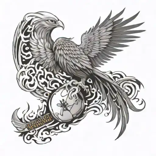 A black-grey tattoo of a phoenix rising from flames, with a guitar wrapped around its talons and a football helmet on its head tattoo design idea