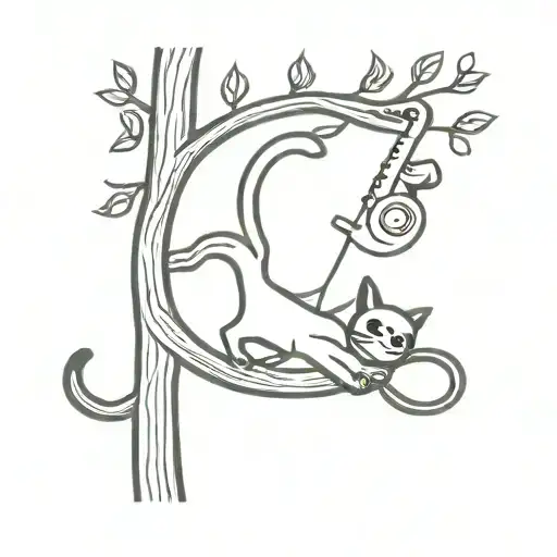 black cat playing football and sloth hanging from tree with a saxophone  tattoo design idea