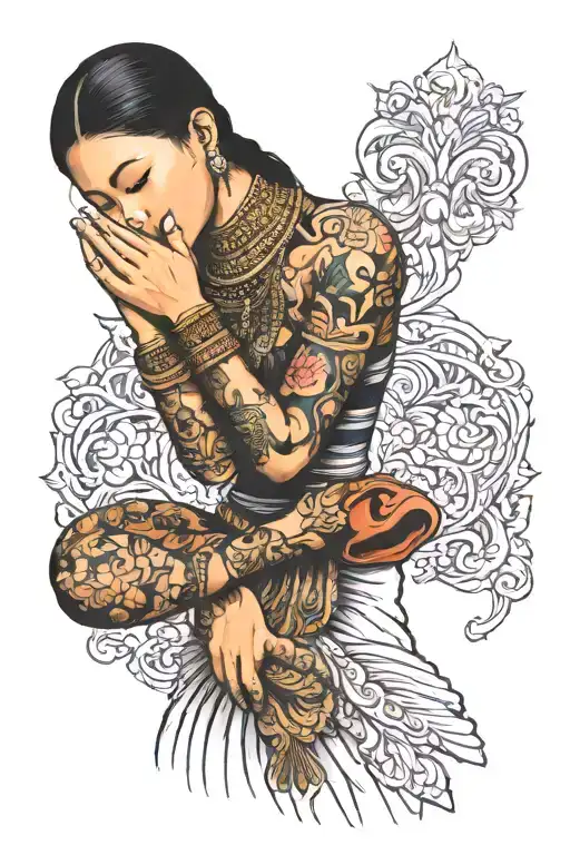 thai woman wearing traditional dress with praying hands  tattoo design idea