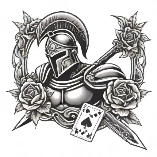 spartan with sword and roses and playing cards with dice tattoo design idea