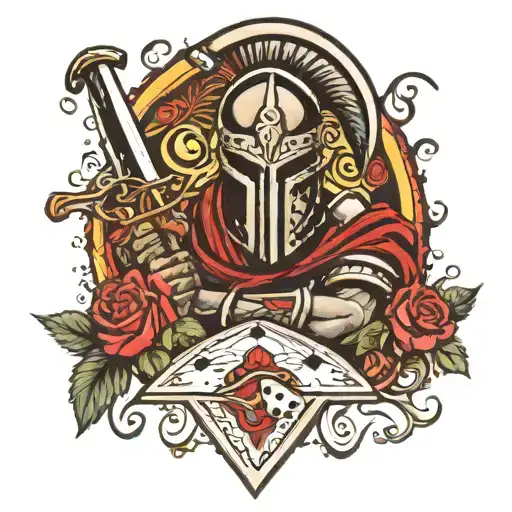 spartan with sword and roses and playing cards with dice tattoo design idea