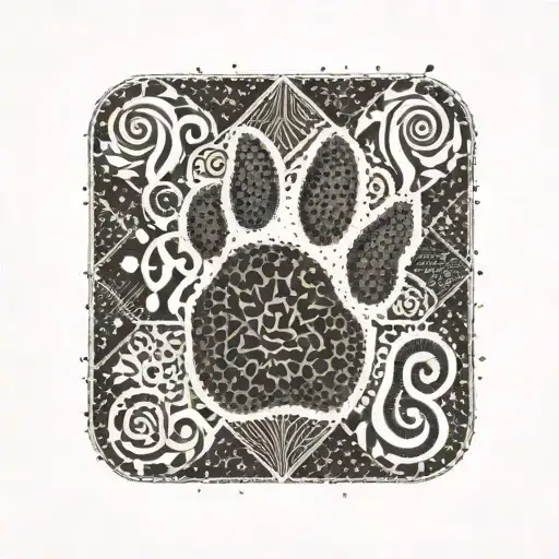 A dotwork tattoo of a geometric pattern incorporating a dog paw print and a musical symbol, reflecting the client's interests in dogs and music tattoo design idea