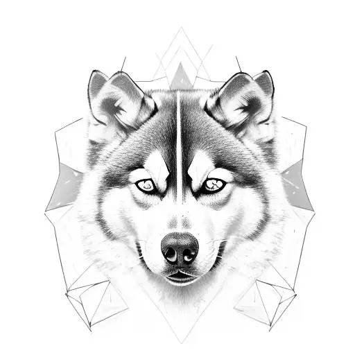 husky face divded in vertically , half real and half of it as a geometric scetch tattoo design idea
