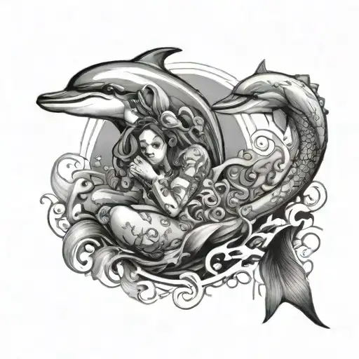 Dolphins around a mermaid sitting tattoo design idea