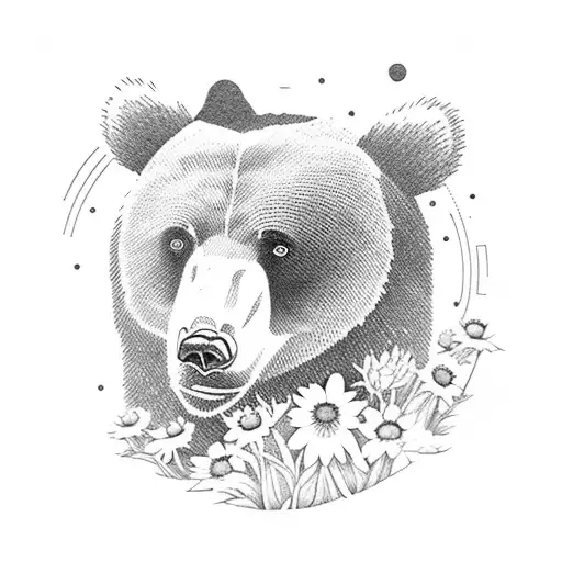 Bear traveling over a mountain with black eyed susans tattoo design idea