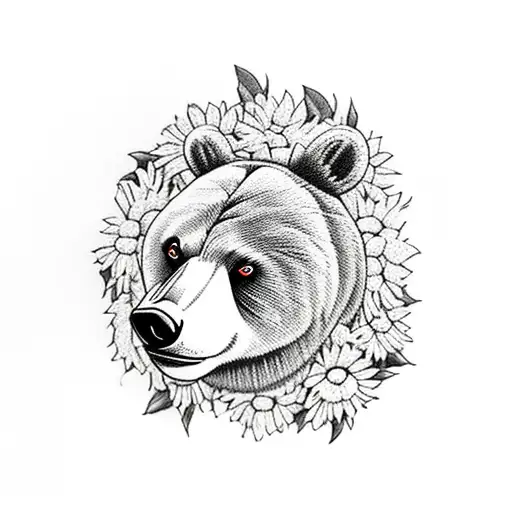 Bear traveling over a mountain with black eyed susans tattoo design idea