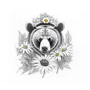 Bear traveling over a mountain with black eyed susans tattoo design idea