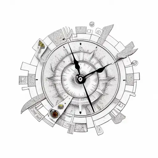 broken clock with pieces falling apart and memento mori and memento vivere and a sun dial in 3d tattoo design idea