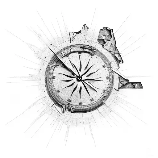 broken clock with pieces falling apart and memento mori and memento vivere and a sun dial in 3d tattoo design idea