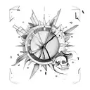 broken clock with pieces falling apart and memento mori and memento vivere and a sun dial in 3d tattoo design idea