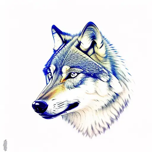 Wolf with blue eyes and mountains tattoo design idea