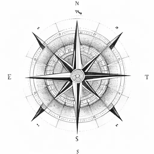 A dotwork design of a compass rose with the words 'Explora tu mundo' (Explore your world) encircling it tattoo design idea