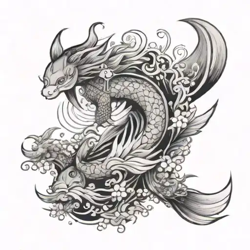 A sleeve tattoo featuring a blend of manga characters, coffee elements, and traditional Japanese animals like koi fish and cranes tattoo design idea