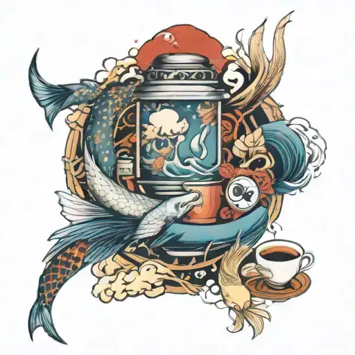 A sleeve tattoo featuring a blend of manga characters, coffee elements, and traditional Japanese animals like koi fish and cranes tattoo design idea
