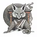 A fox spirit with a traditional Japanese mask, standing in front of a torii gate tattoo design idea