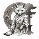 A fox spirit with a traditional Japanese mask, standing in front of a torii gate tattoo design idea