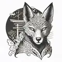 A fox spirit with a traditional Japanese mask, standing in front of a torii gate tattoo design idea