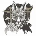 A fox spirit with a traditional Japanese mask, standing in front of a torii gate tattoo design idea