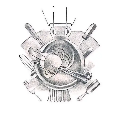 A tattoo design combining cooking utensils and learning symbols, with a hidden message in a foreign language tattoo design idea