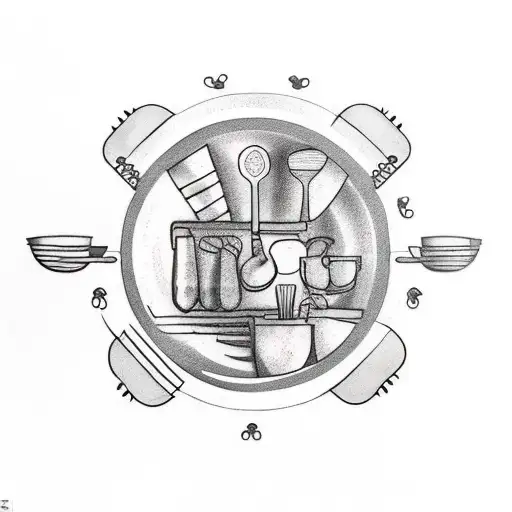 A tattoo design combining cooking utensils and learning symbols, with a hidden message in a foreign language tattoo design idea