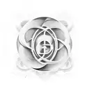A mobius symbol with drops as if in speed, adds the letters A G L equally spaced across the symbol. tattoo design idea