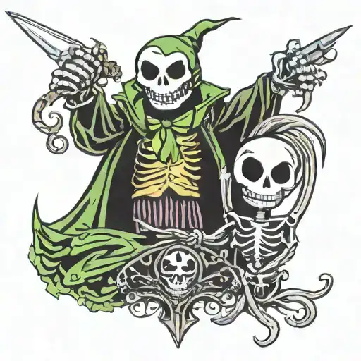 jack skeleton holding oogie boogie with knife tattoo design idea