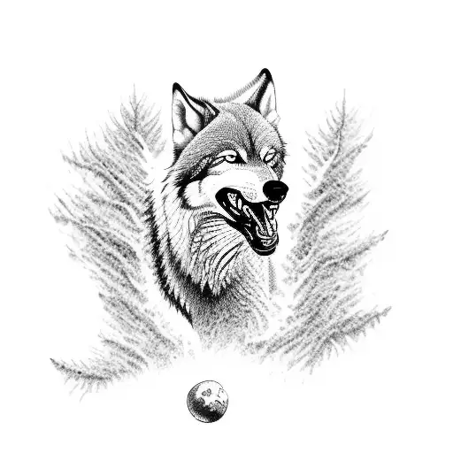 An intricately detailed dotwork tattoo of a wolf gracefully leaping through the trees tattoo design idea