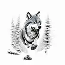 An intricately detailed dotwork tattoo of a wolf gracefully leaping through the trees tattoo design idea