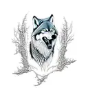 An intricately detailed dotwork tattoo of a wolf gracefully leaping through the trees tattoo design idea