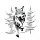 An intricately detailed dotwork tattoo of a wolf gracefully leaping through the trees tattoo design idea