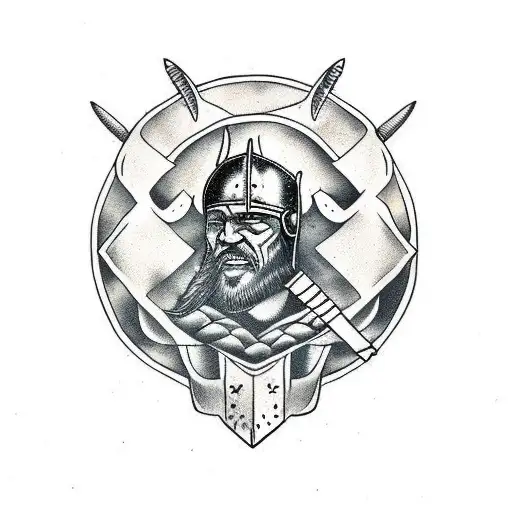 viking warrior with axe and raven tattoo design idea