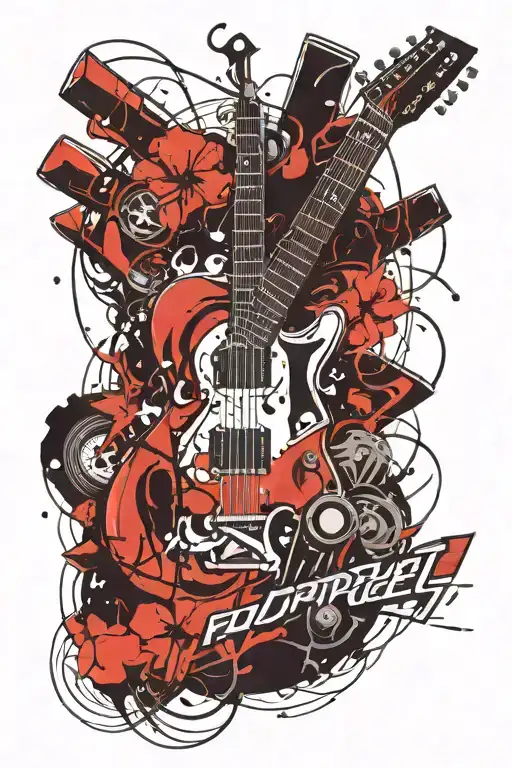 Guitar, moto, fire, drums, spider crawling tattoo design idea