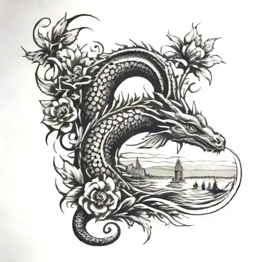 Loch Ness Monster and thistle flower tattoo design idea