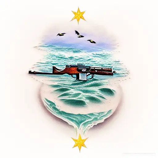 An artistic interpretation of an AK47 morphing into a river, with ducks swimming in it tattoo design idea