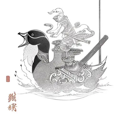 A whimsical design of a ninja riding a duck down a river, with crows flying overhead tattoo design idea