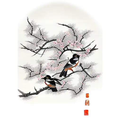 magpies on plum blossom branches with chinese landscape background tattoo design idea
