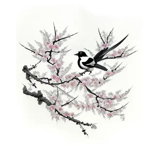 magpies on plum blossom branches tattoo design idea