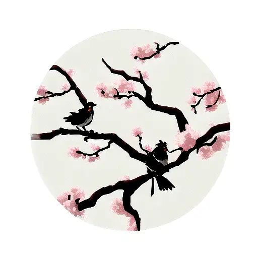 magpies on plum blossom branches with chinese landscape background tattoo design idea