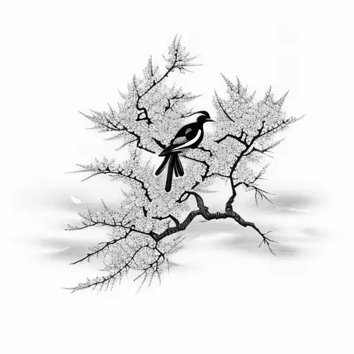 magpies on plum blossom branches with chinese landscape background tattoo design idea