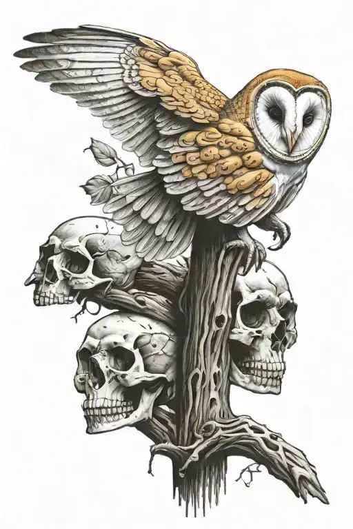 barn owl perched on skull tattoo design idea
