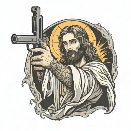 jesus holding gun side ways at you smoking a joint  tattoo design idea