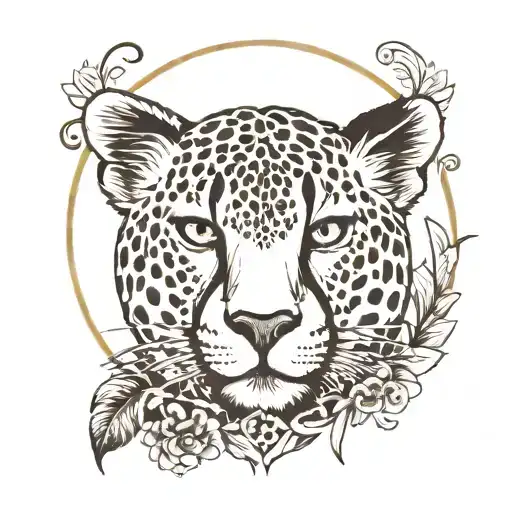 old school design featuring a cheetah's profile at the center with plants framing it . symbol for agility tattoo design idea