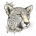 old school design featuring a cheetah's profile at the center with plants framing it . symbol for agility tattoo design idea