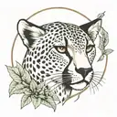 old school design featuring a cheetah's profile at the center with plants framing it . symbol for agility tattoo design idea