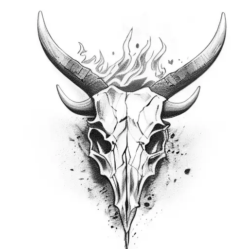 bull skull with flames coming through the eyss tattoo design idea