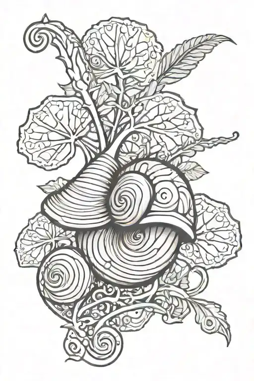 snail tattoo with an overgrowth background with fiddlehead ferns and mushrooms tattoo design idea