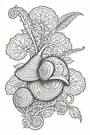 snail tattoo with an overgrowth background with fiddlehead ferns and mushrooms tattoo design idea